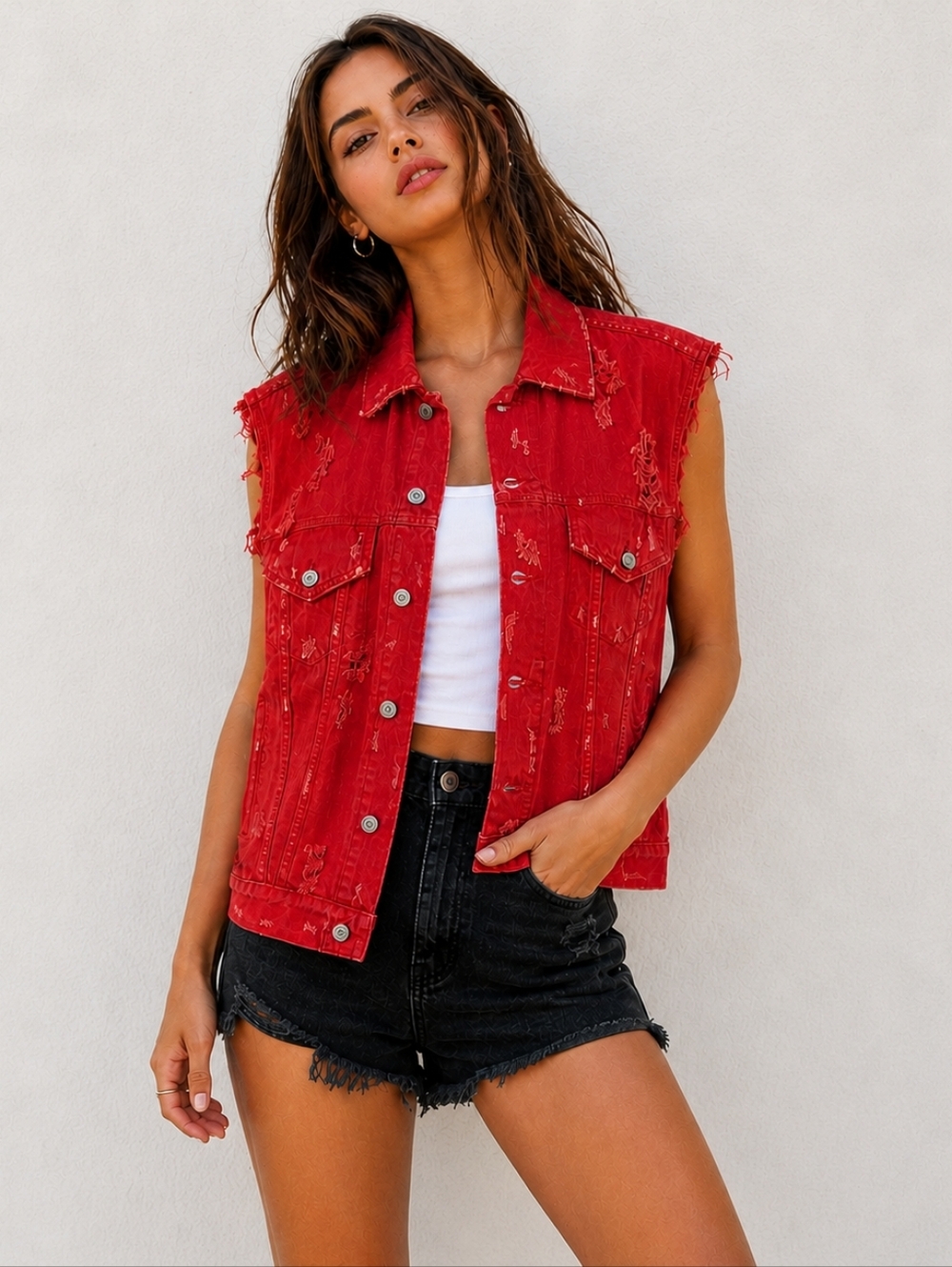 Denim & Supply Ralph Lauren Red Distressed Denim Vest Sleeveless Medium M